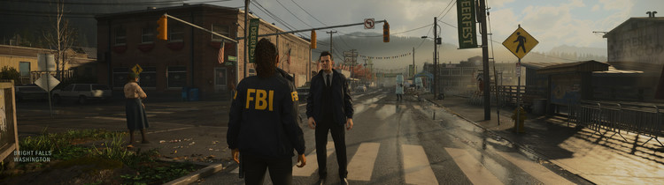 A screenshot of Alan Wake 2, showing a scene of a sunny town street.