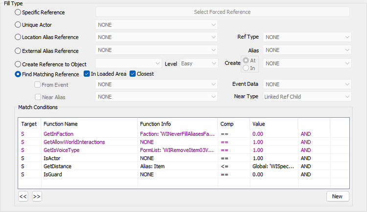 A screenshot from Skyrim Creation Kit, showing the configuration of an alias.