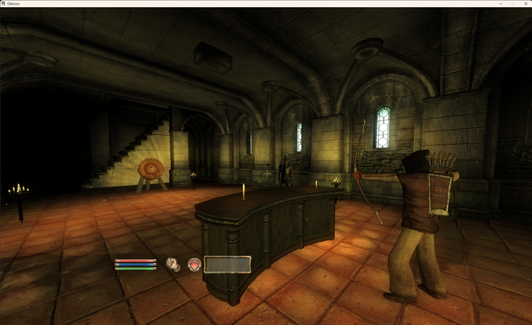A screenshot from Oblivion showing a hooded figure shooting a bow at a target.