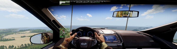 A screenshot of ARMA 3 at 32:9 showing a first-person view from inside a car being slingloaded by a helicopter.