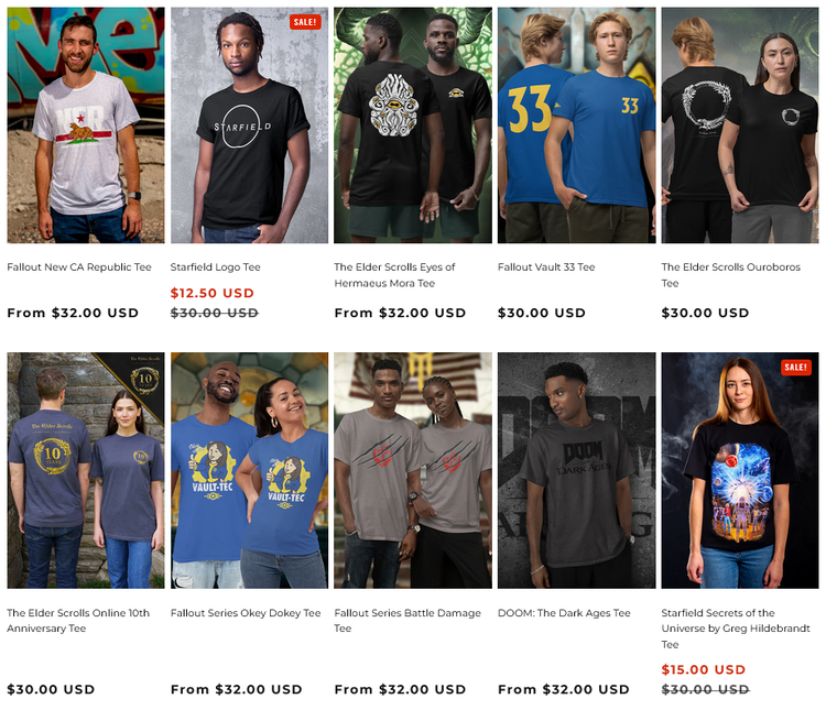 A screenshot from Bethesda Gear, showing Starfield merchandise on sale.