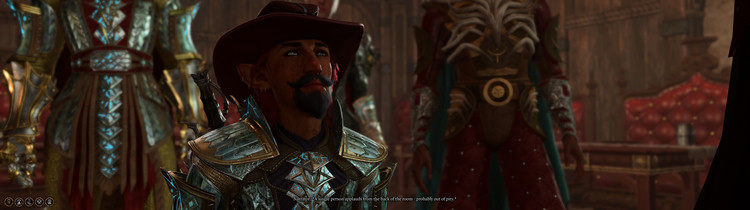 A screenshot of Baldur's Gate 3 at 32:9 showing a gnome bard character in a dialogue scene.