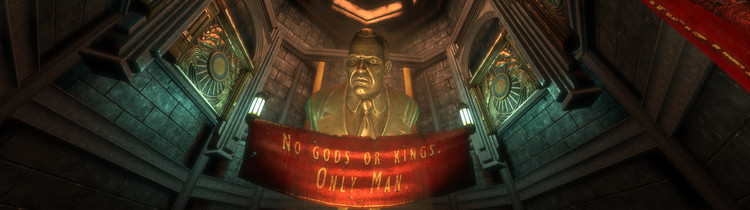 A screenshot of Bioshock showing the 'No gods or kings, only man' banner.