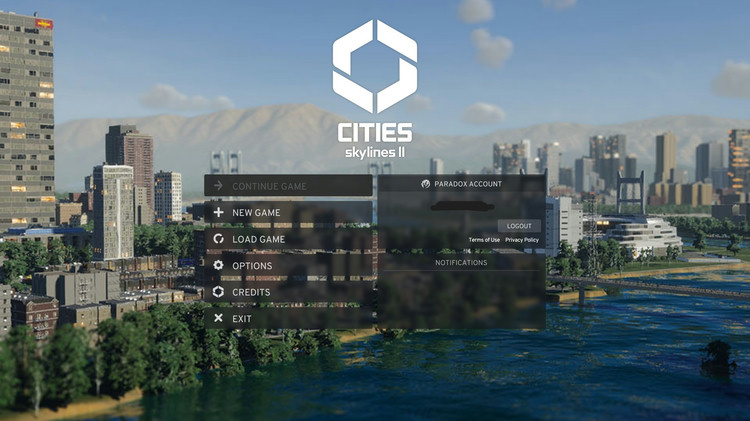 A screenshot of a Cities: Skylines 2's main menu.