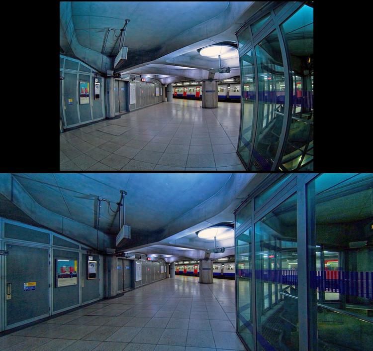 A fisheye photograph showing a wide view of a room with furniture and windows.