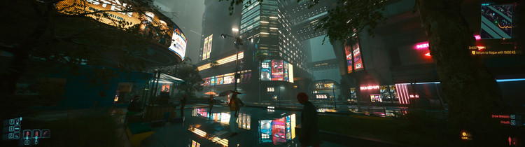 A screenshot of Cyberpunk 2077, showing a rainy neon-lit city with reflections on wet streets.