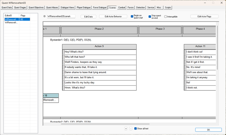 A screenshot from Skyrim Creation Kit, showing some of the configuration behind the item brawl scene.