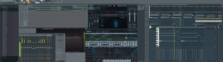 A screenshot of FL Studio in fullscreen on an ultrawide monitor.