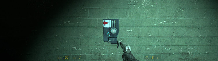 A screenshot of Half-Life 2 at 32:9, looking head on towards a health charger.