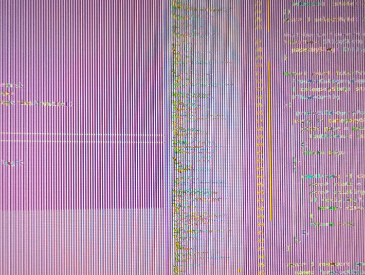 A close-up photo of a monitor screen showing a glitched picture.