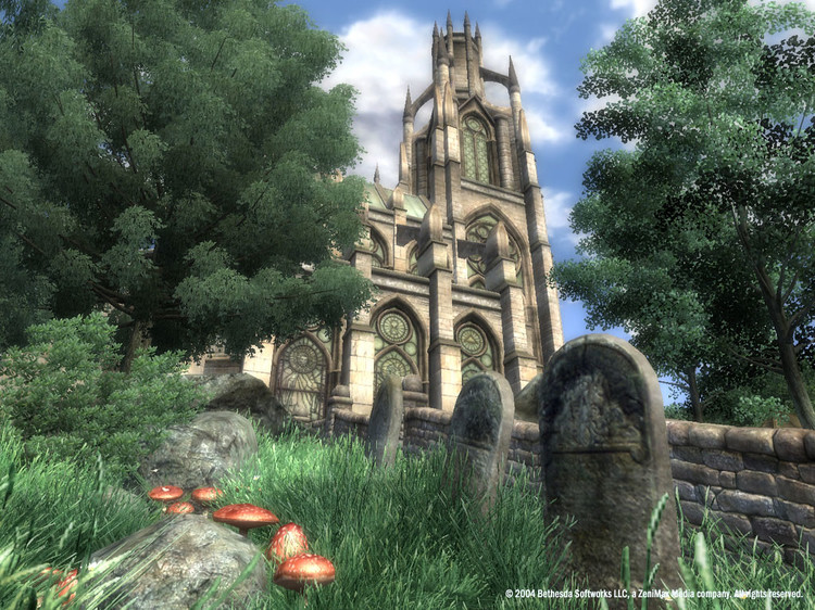 A screenshot from Oblivion depicting a cathedral, flora and tombstones.