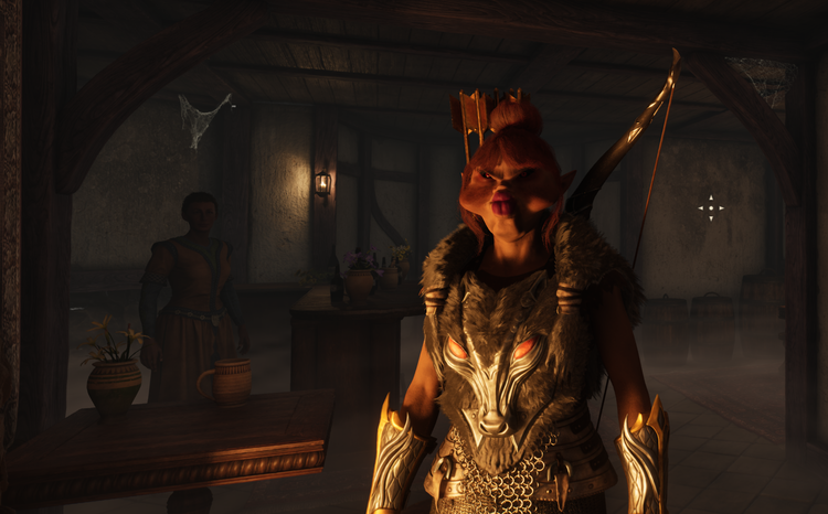 A screenshot from Oblivion Remastered depicting a character in an inn.