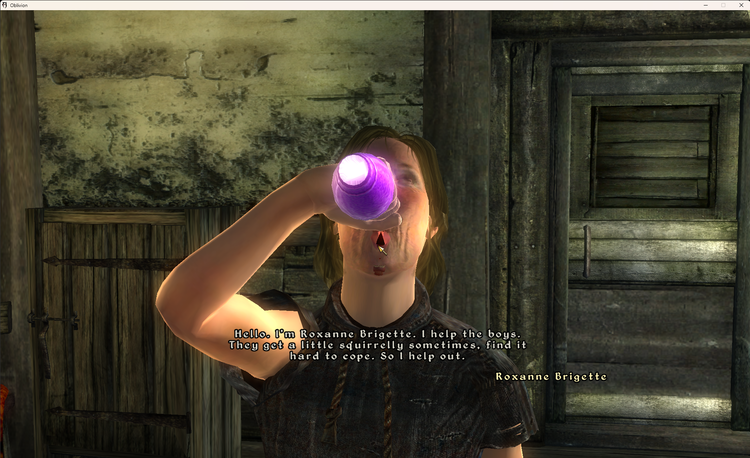 A screenshot from Oblivion showing a woman drinking from a purple bottle.