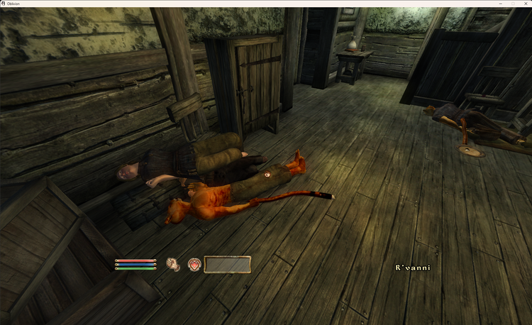 A screenshot from Oblivion showing a pile of bodies around a wooden chair.