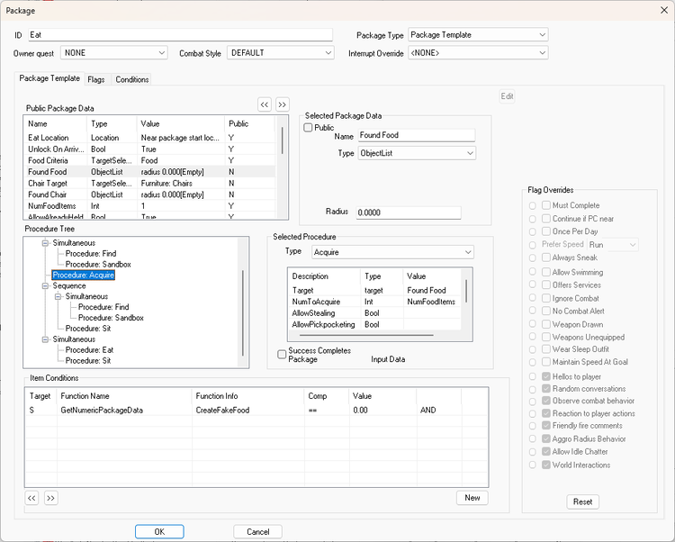 A screenshot from Skyrim Creation Kit, showing the Eat AI package template.