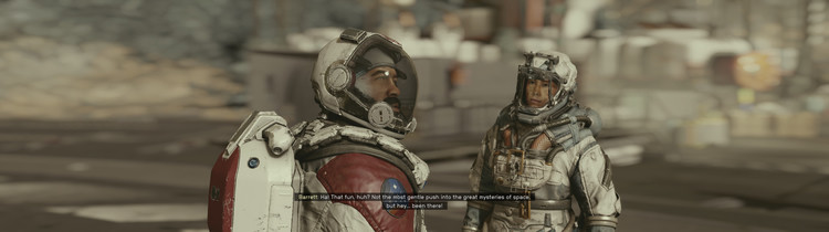A screenshot of Starfield showing a dialogue scene between two characters.