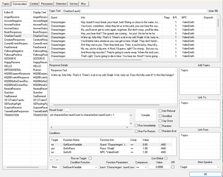 Screenshot from the dialogue editor in Oblivion Construction Set